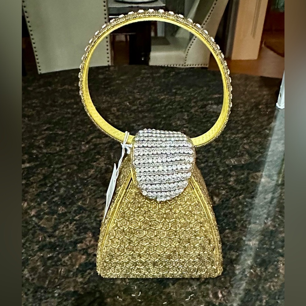 Elegant Gold Beaded w/ Clear Stones Mini Bag